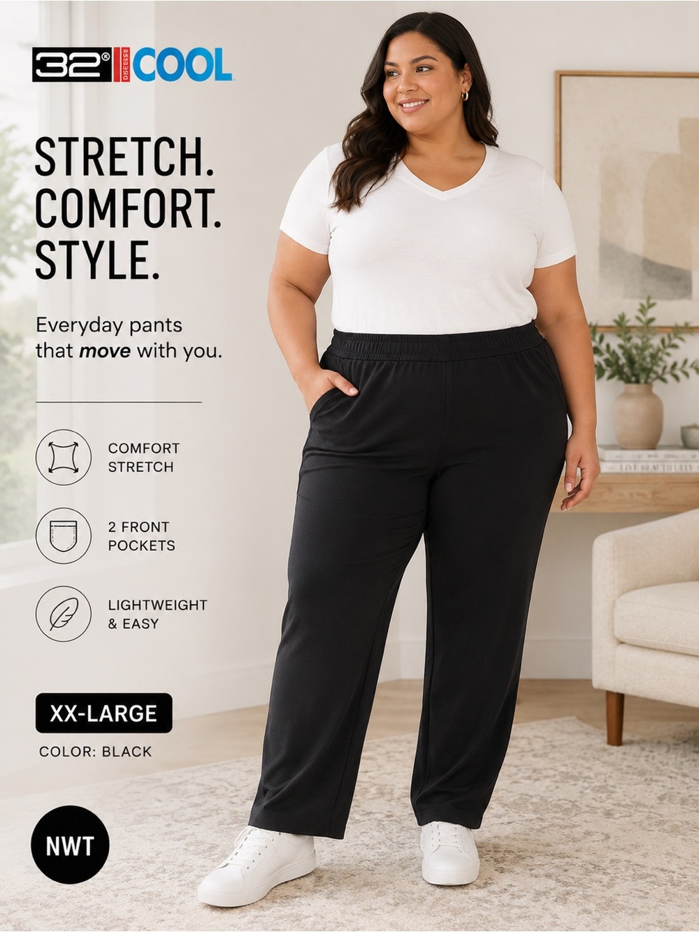 NWT 32 Degrees Cool Black Stretch Pull-On Pants Pockets XXL
